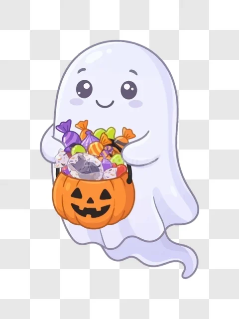 Cute Ghost Holding Pumpkin Candy Bucket Halloween