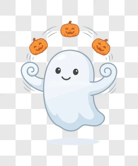 Cute Ghost Juggling Halloween Pumpkins Cartoon