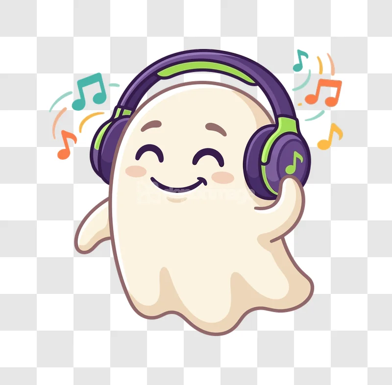 Cute Ghost Listening Music Headphones Halloween: cartoon ghost, purple headphones, musical notes, transparent background