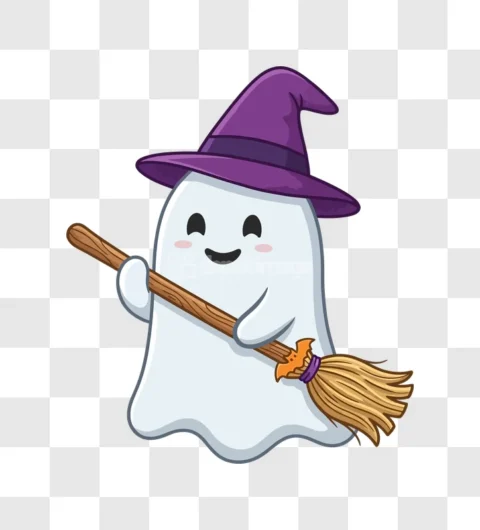 Cute Ghost Purple Witch Hat Broom