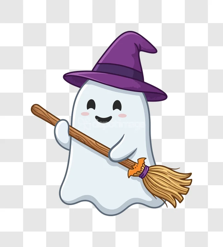Cute Ghost Purple Witch Hat Broom, cartoon friendly white purple