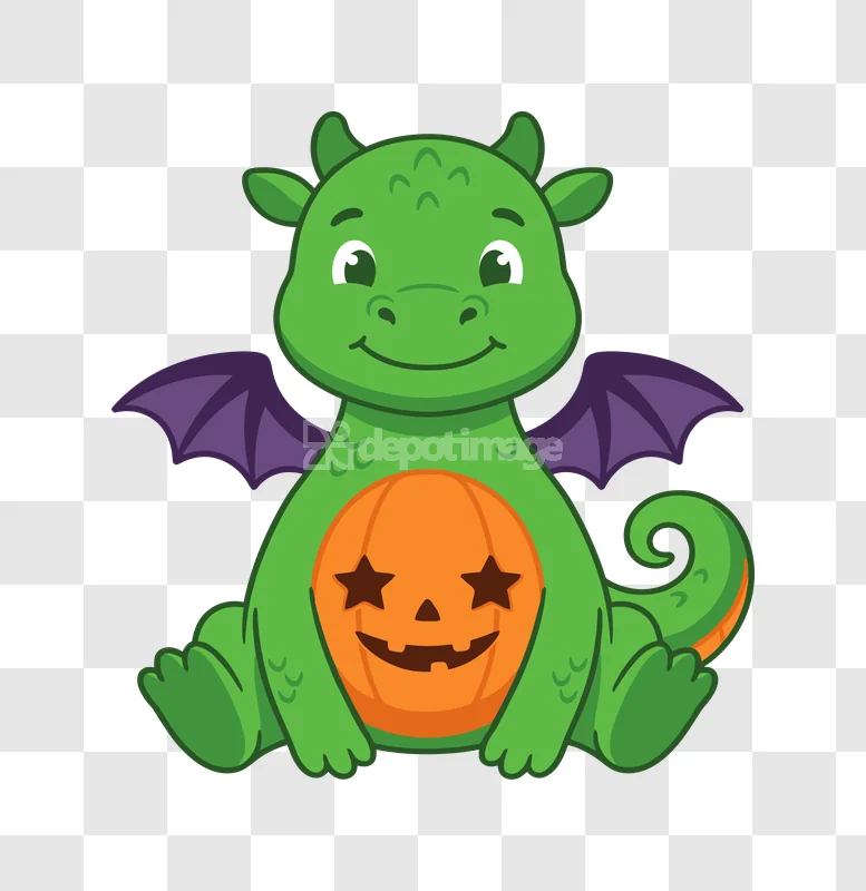 Cute Green Dragon Halloween Pumpkin, cartoon green dragon, purple wings, orange jack-o-lantern