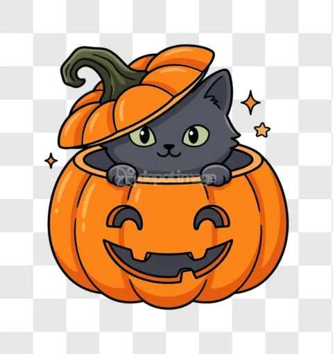 Cute Halloween Black Cat Pumpkin Illustration