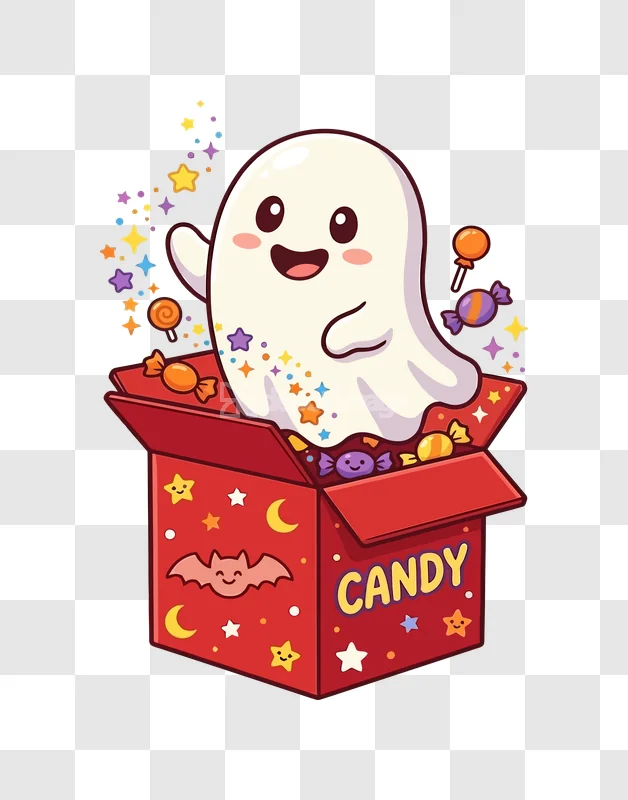Cute Halloween Ghost Candy Box Stars: friendly cartoon ghost, red box, colorful candies.