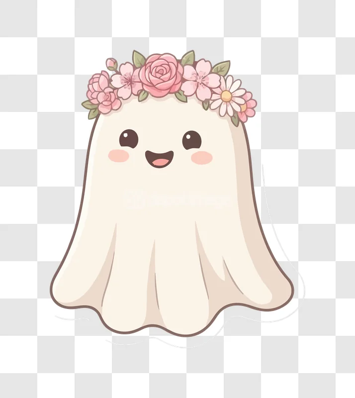 Cute Halloween Ghost Pink Flower Crown, friendly cartoon illustration, white ghost, floral wreath