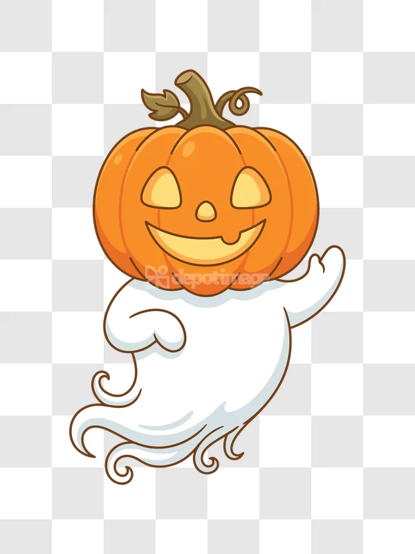 Cute Jack O Lantern Ghost Halloween Cartoon: cheerful orange pumpkin, white ghost, cartoon style