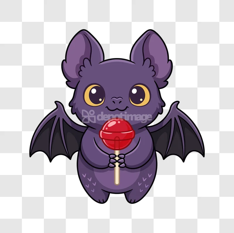 Cute Purple Bat Lollipop Halloween Cartoon: adorable purple character, big eyes, holding candy