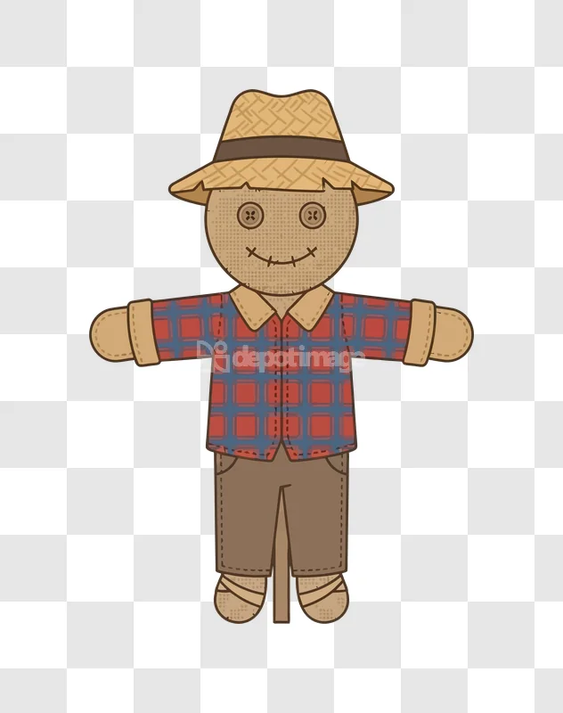 Cute Scarecrow Cartoon Vector Illustration plaid shirt straw hat