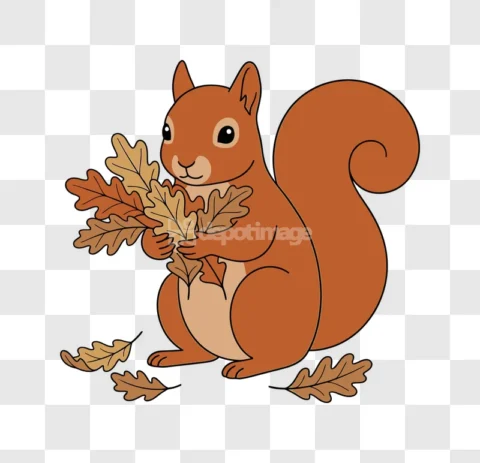 Cute Squirrel Autumn Leaves Cartoon Style