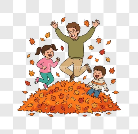 Family Autumn Leaves Jumping Cartoon
