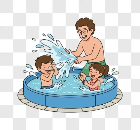 Family Father Kids Playing Water Pool Cartoon