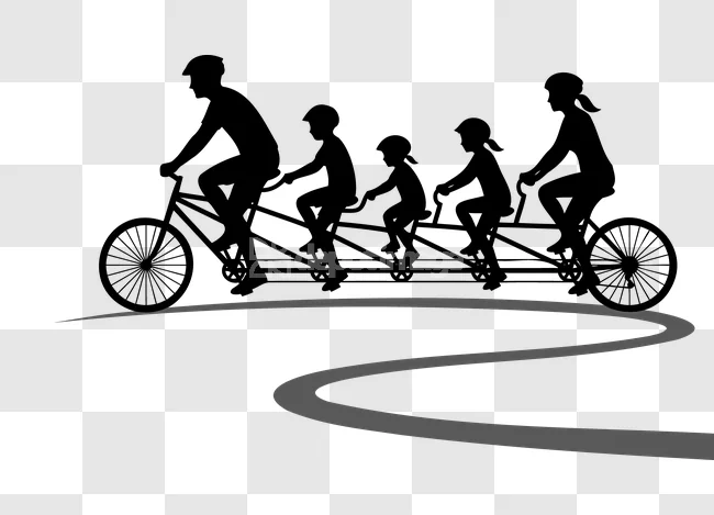 Family Five Riding Tandem Bicycle Road