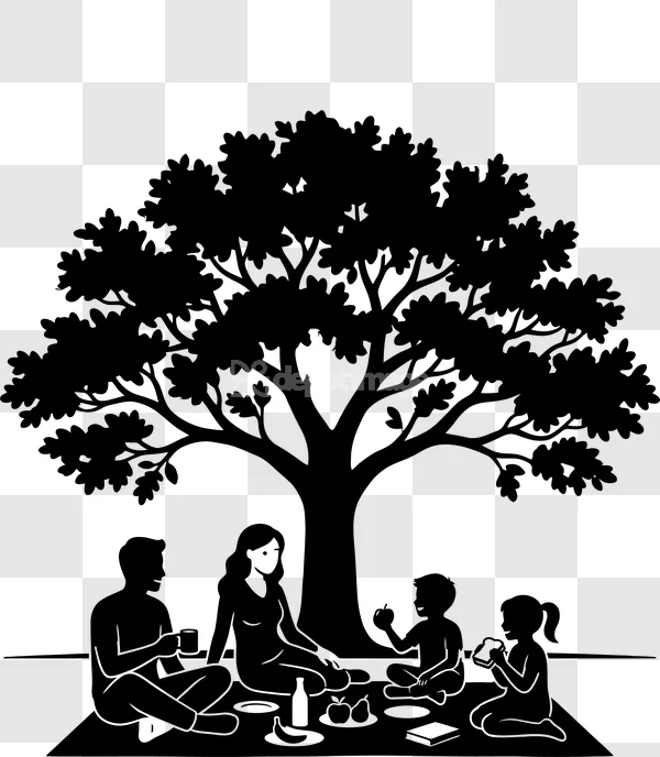 Family Picnic Under Tree Silhouette