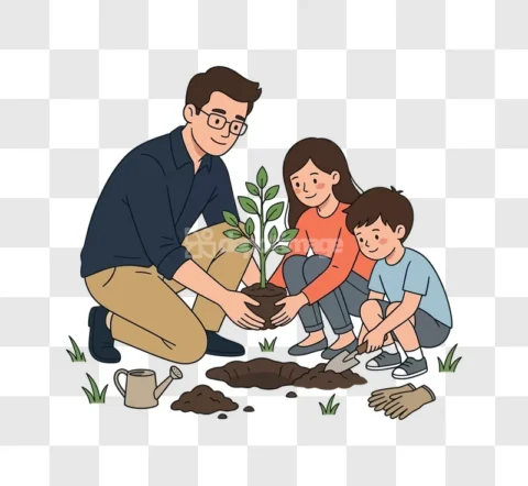 Family Planting Tree Garden Vector Illustration