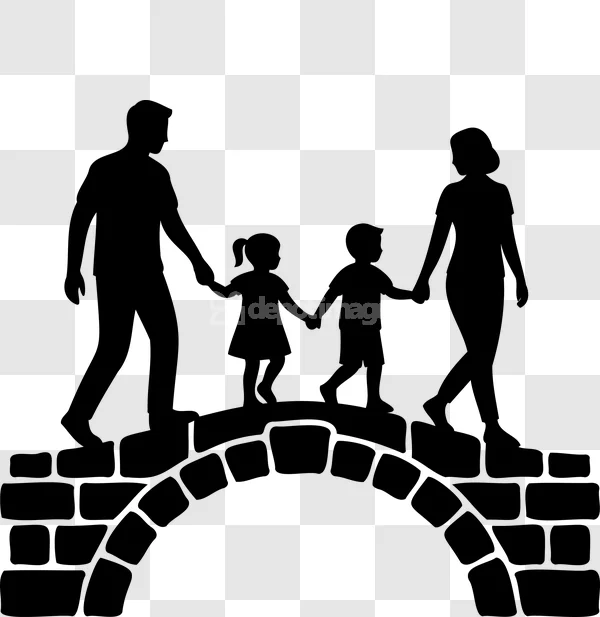 Family Walks on Bridge Silhouette