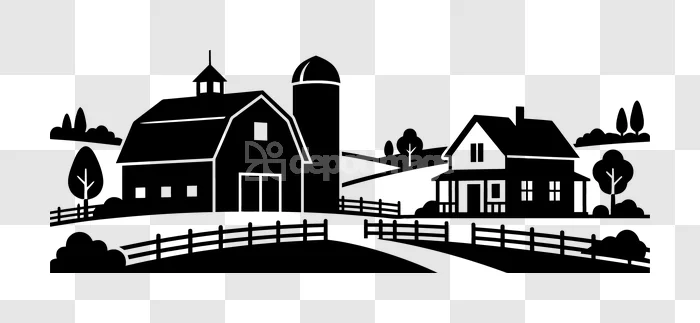 Farm Landscape Barn House Silo Trees black background