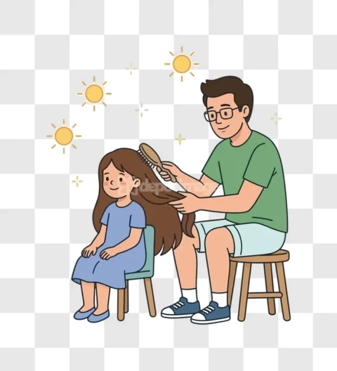 Father Combing Daughter Hair Cartoon Illustration