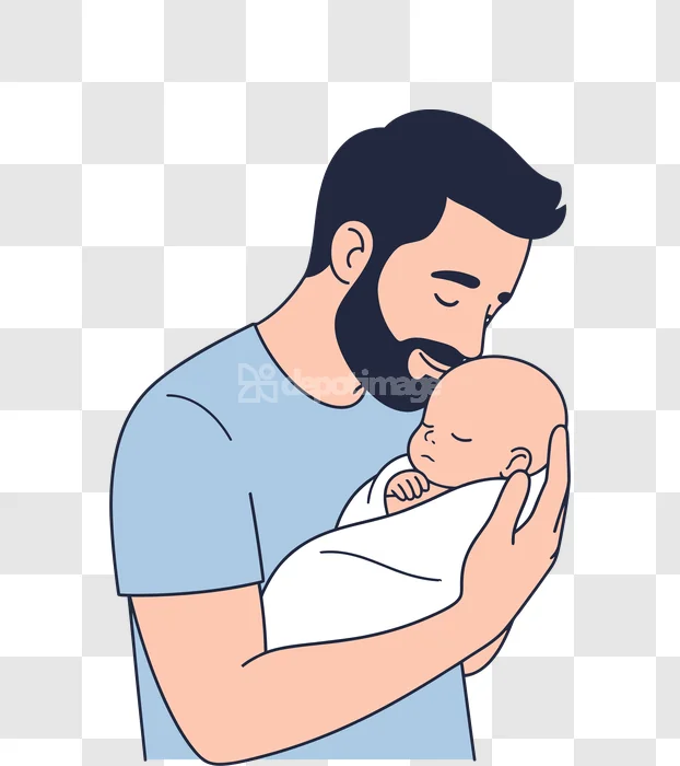 Father Cradling Baby Minimalist Illustration flat art style blue peach