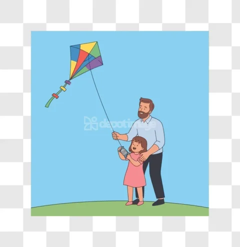 Father Daughter Flying Colorful Kite Cartoon