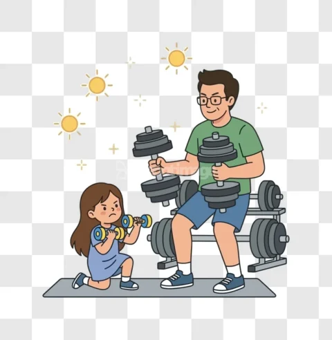 Father Daughter Gym Cartoon Workout Weights