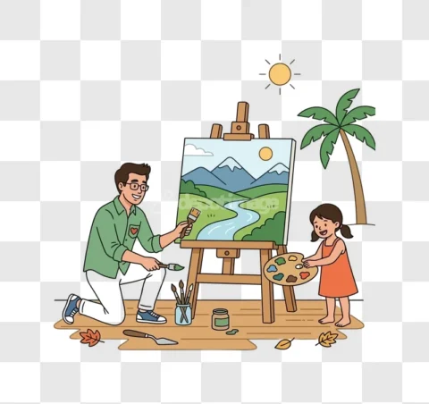 Father Daughter Painting Outside Cartoon
