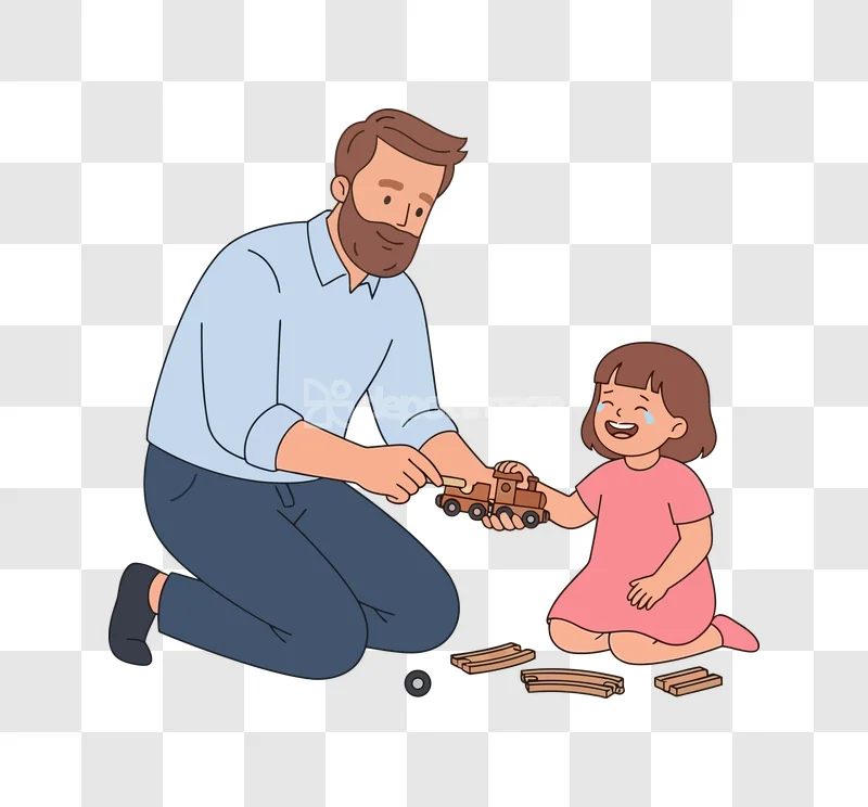 Father Daughter Playing Wooden Train Set cartoon illustration transparent background