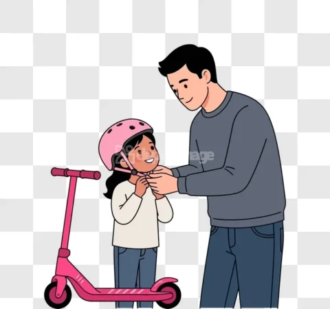 Father Daughter Scooter Helmet Cartoon