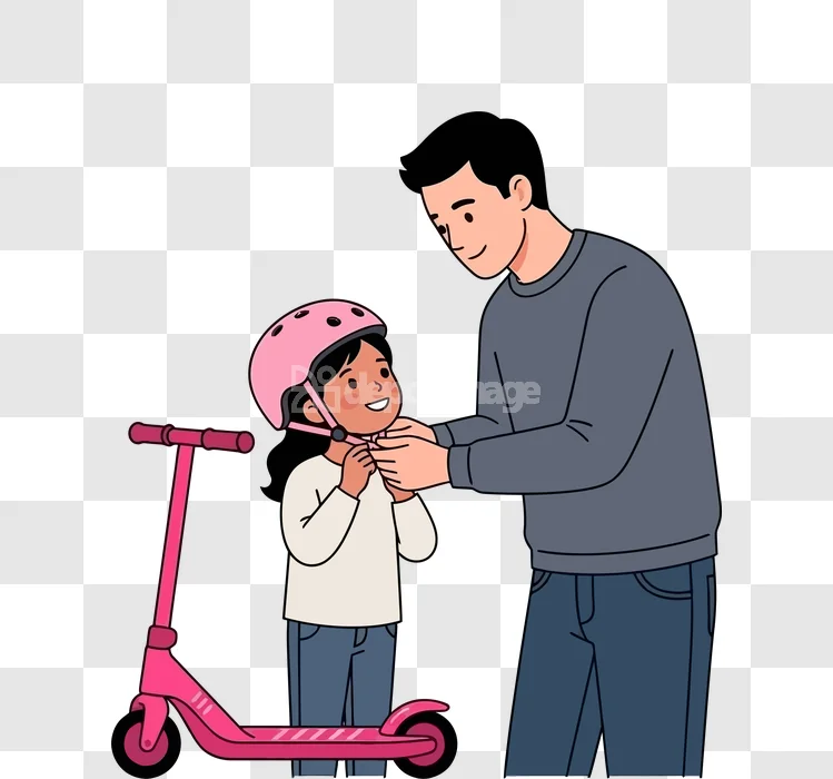 Father Daughter Scooter Helmet Cartoon flat style colorful transparent background