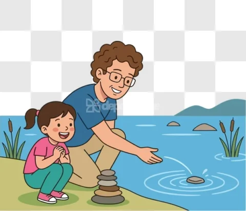 Father Daughter Skipping Rocks Vector Art