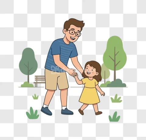 Father Daughter Walking Park Illustration