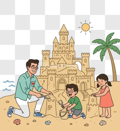 Father Kids Building Sandcastle Beach Cartoon