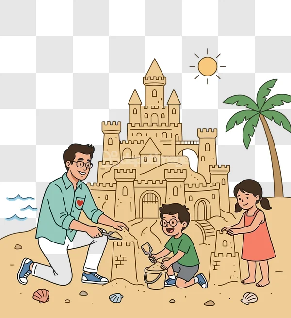 Father Kids Building Sandcastle Beach Cartoon cartoon style transparent background