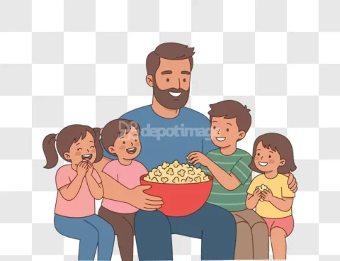 Father Kids Eating Popcorn Vector