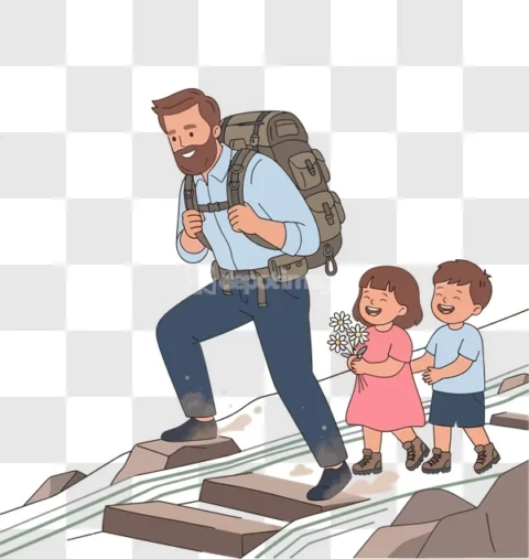 Father Kids Hiking Adventure Vector Art