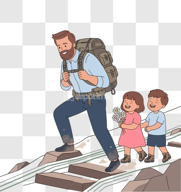 Father Kids Hiking Adventure Vector Art cartoon style transparent background