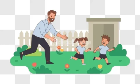 Father Kids Playing Garden Vector