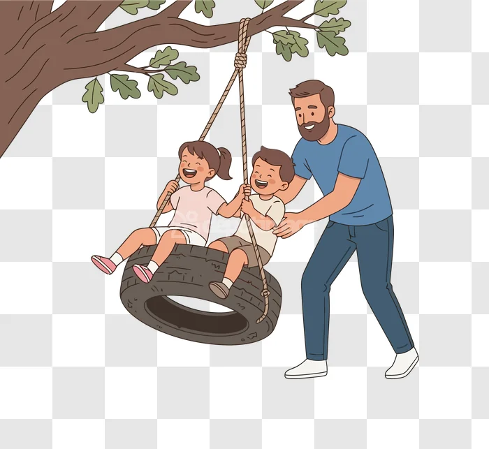 Father Kids Tire Swing Vector Art Happy Family cartoon style, warm colors, transparent background