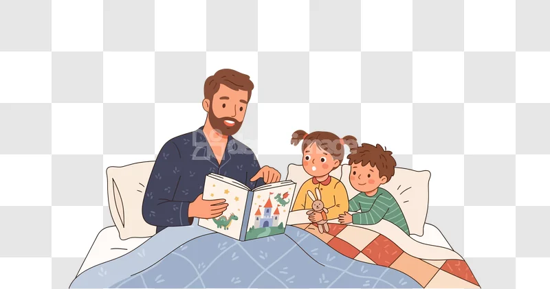 Father Reading Bedtime Story Kids Vector, cartoon illustration transparent background