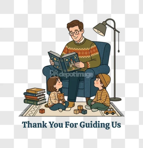 Father Reading to Kids Storytime Cartoon
