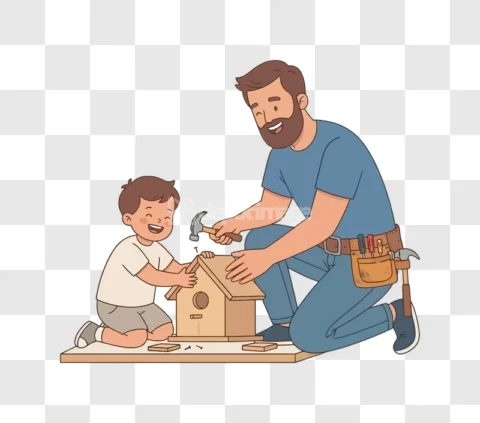 Father Son Birdhouse Cartoon Illustration