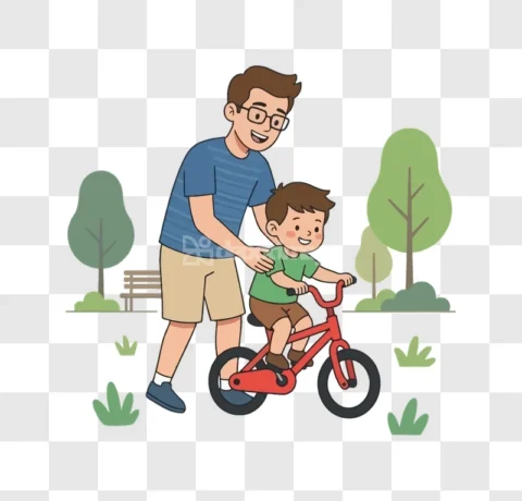 Father Son Cycling Park Vector Illustration