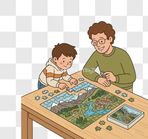 Father Son Jigsaw Puzzle Cartoon Illustration