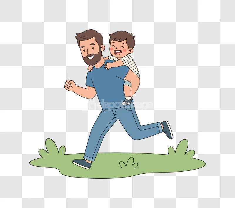 Father Son Piggyback Ride Cartoon cheerful flat style transparent background