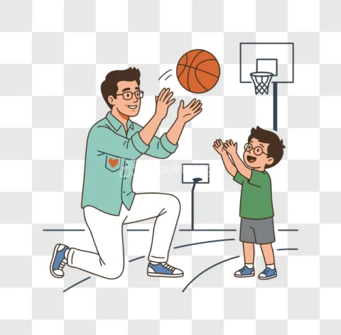 Father Son Playing Basketball Happy Cartoon