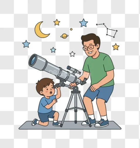 Father Son Stargazing Telescope Vector Cartoon