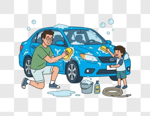Father Son Washing Blue Car Cartoon