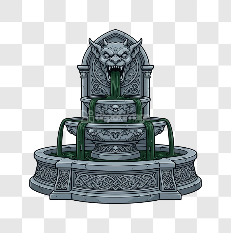 Gargoyle Fountain Green Water Halloween: detailed stone fountain, green liquid, dark background