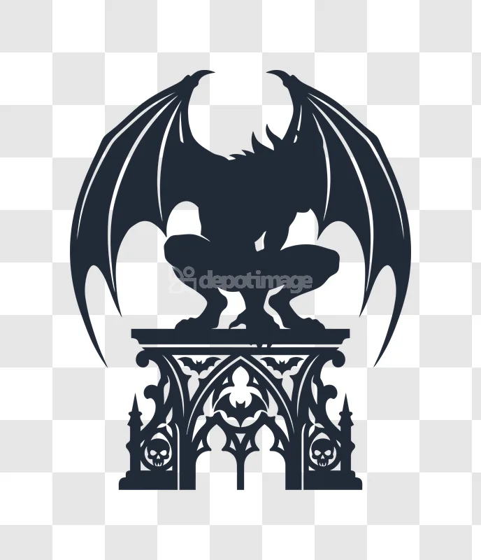 Gargoyle Gothic Halloween Scary Creature Skulls: dark silhouette of a gargoyle on a gothic pedestal with skull details.