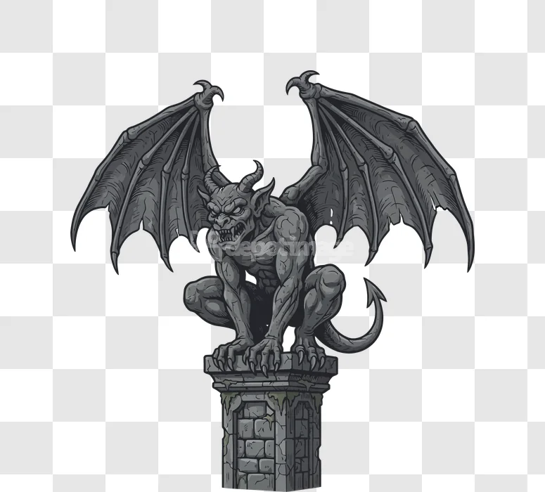 Gargoyle Stone Sculpture Halloween Fantasy Creature detailed gray stone transparent background