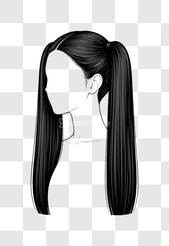Girl Long Hair Pigtails Black Vector, sleek dark graphic illustration